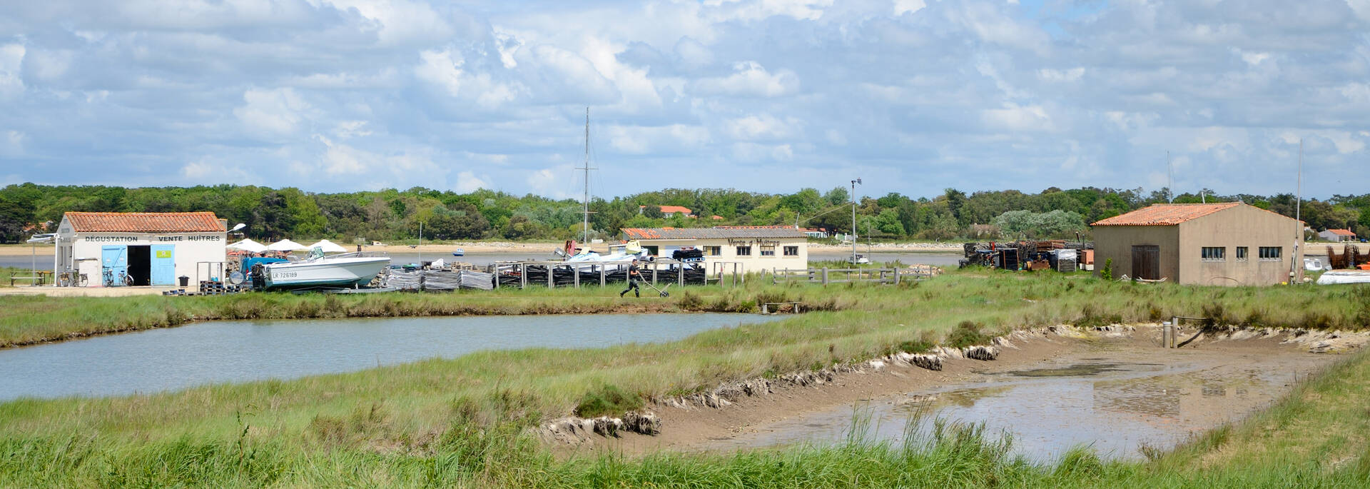 Paysage avec des cabanes ostréicoles